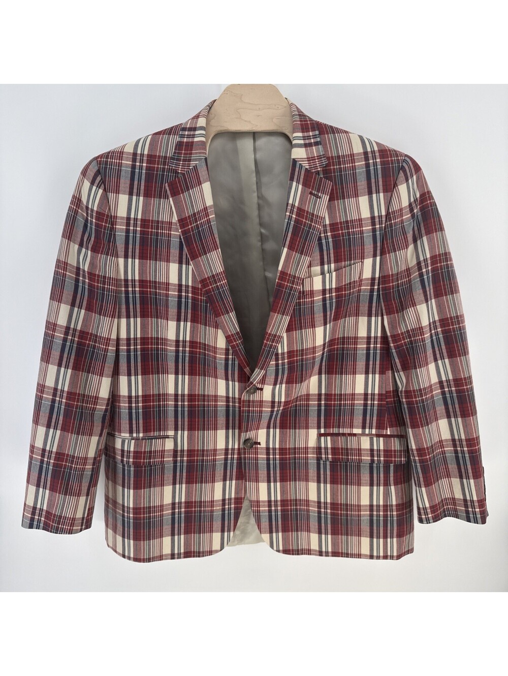 Chaps Ralph Lauren Blazer Mens 46R Red White Blue Green Plaid Cotton